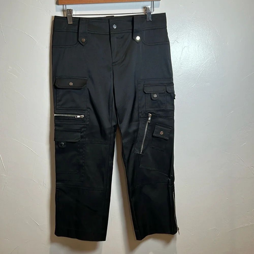 Cache Pants Black Satin Cargo Crop Zipper Size 4 NWT Y2K Goth Edgy